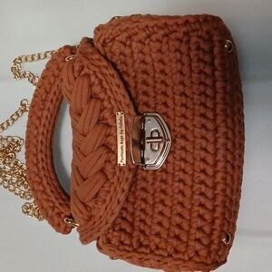 👜 Premium Bags by Nikola • Caramel Brown Woven Purse • Gold Chain Strap